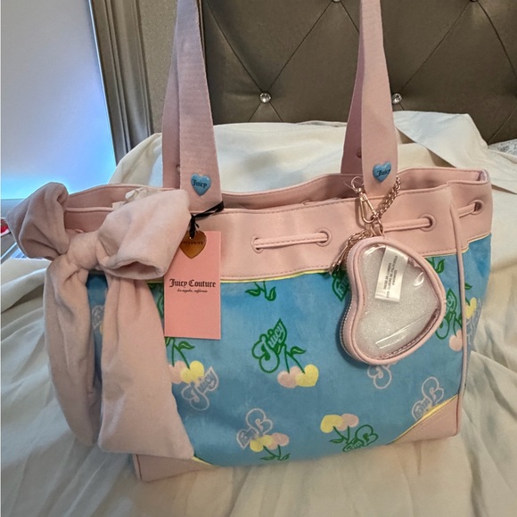 Juicy Couture Handbags - Juicy Couture Pastel Pink and Sky Blue Tote with Heart Charm